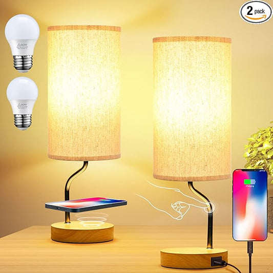 Set of 2 Smart Bedside Table Lamp with Wireless Charger & USB Port - Touch Control LED Desk Lamp for Bedroom, Dimmable Wooden Nightstand Lamp with Fabric Shade for Living Room, Kid's Room, (Cream)