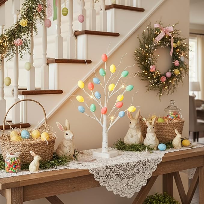 PEIDUO Easter Decorations, 22 inch Easter Tree with 24 LED Warm White, Battery Powered Egg Tree for Spring Home Table Decor