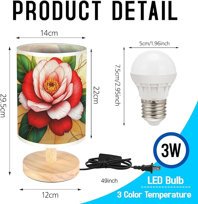 Camellia Table Lamp LED 3-Color Pressed Bedside, Camellia Shade Lamp with Wood Base for Bedroom Living Room Desk Office TL01
