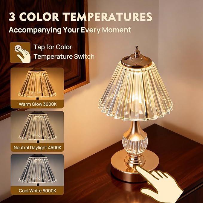 Vintage Gold Crystal Rechargeable Lamp Cordless, LED Touch Battery Operated Table Lamp, 3 Colors Dimmable Portable, Modern Home Decor, Bedroom, Bedside, Living Room, Kitchen, Pleated