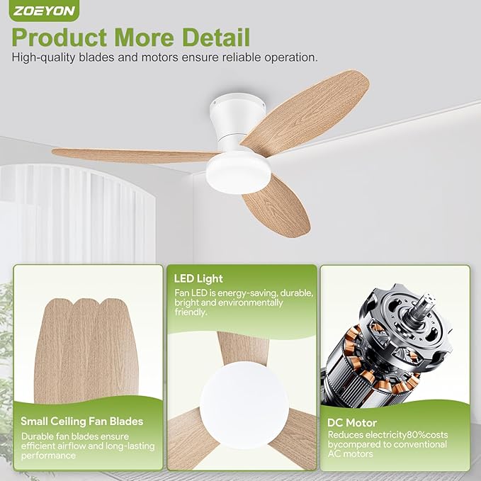 Small Ceiling Fan with Light - 42 Inch Flush Mount Ceiling Fan with Lights and Remote, Low Profile Ceiling Fans with 3 Reversible Blades, 6 Wind Speeds, White&Wood Ceiling Fans for Bedroom
