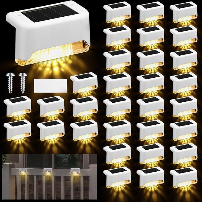 Geelin 32 Pcs Solar Deck Lights Outdoor, Waterproof LED Solar Step Fence Lights for Stairs, Step, Railing, Patio, Driveway, Garden, Pathway and Yard(White Shell Warm White Light)