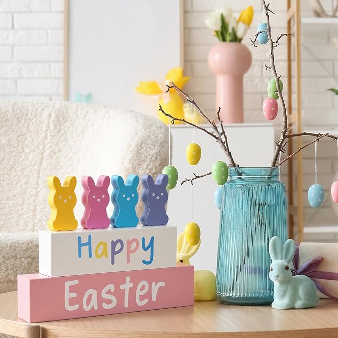 Bucherry Light up Happy Easter Sign Decorations Wooden Easter Bunny Decoration with LED Lighted for Table Pastel Farmhouse Spring Decor for Tiered Tray Shelf Decor for Home Living Room