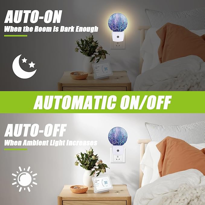 Spring Purple Flower Night Light,Floral Plug-in Night Lights with Dusk-to-Dawn Sensor for Bedroom Bathroom and Living Room Sleep Friendly lamp