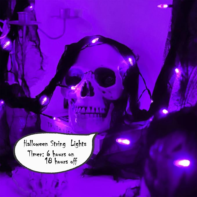YAOZHOU Halloween Decorations String Lights Purple Indoor 30LED with Black Gauze Timer, 2 Mode Battery Operated 9.9Ft Creepy Cloth Spooky Lights, Gothic Party Room Decor(2Pack)