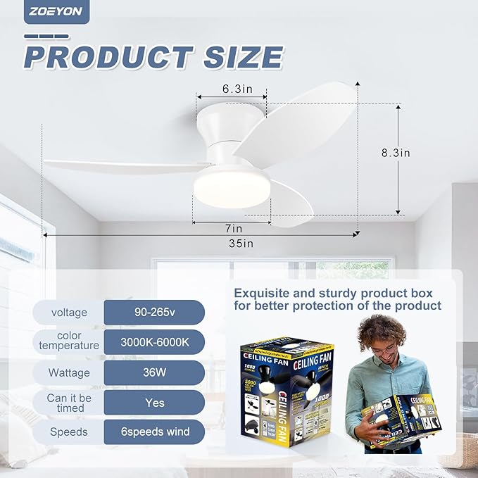 Small White Ceiling Fan with Light - 35 Inch Flush Mount Ceiling Fan with Lights and Remote, Low Profile Ceiling Fans with 3 Reversible Blades, 6 Wind Speeds, Ceiling Fans for Bedroom Kitchen