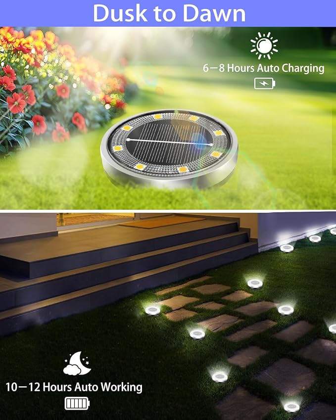 Solar Lights Outdoor Waterproof, 26 Pack 8 LED, Thickened Stainless Steel Ground Light, Solar Garden Lights Landscape Lighting for Patio Pathway Lawn Yard Deck Driveway Walkway, Cool White