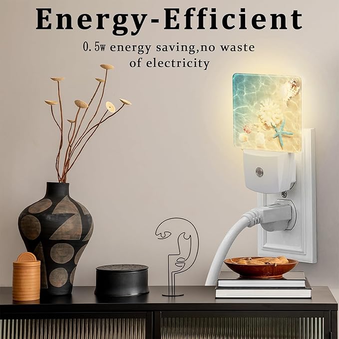 Starfishs Seashells and Coral Night Light, Summer Beach Sea Water Marine Life Dusk to Dawn Night Light Plug in,0.5w Energy Saving Sleep Friendly NightLight for Kids Boys Girls Home Decor