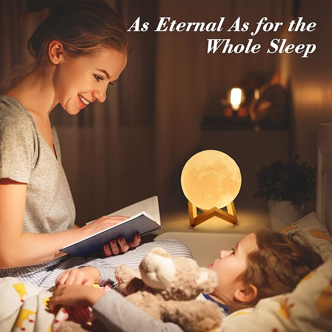 Mydethun Large Moon Lamp - 7.1" Large Valentine Table Décor, Gifts for Women and Mom, Touch-Dimmable Lamp with Wooden Base – Rechargeable Dual Color Night Light for Bedroom, Home