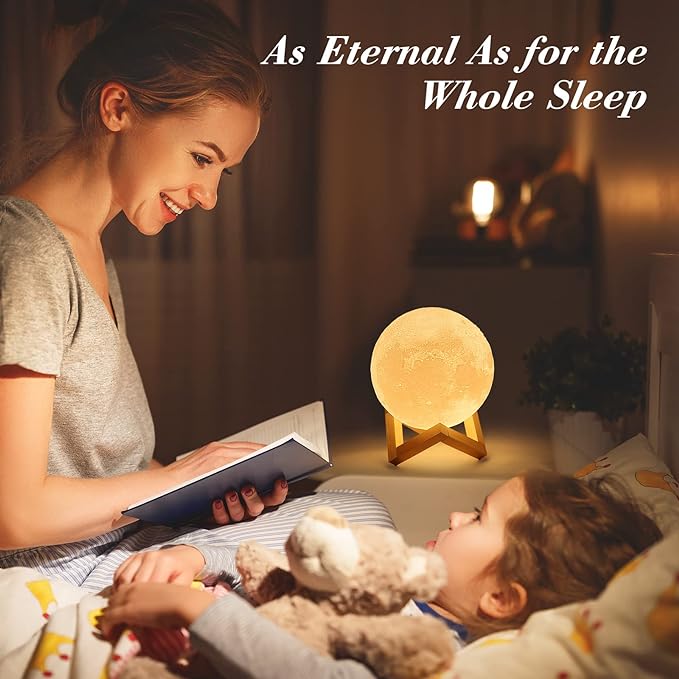 Mydethun Moon Lamp - 4.7' White Elephant Galentine Gifts for Women, 3D Printed LED Night Light w/Wooden Base, Valentine Gifts for Wife, Girlfriend, Mom, Touch-Dimmable, White & Yellow