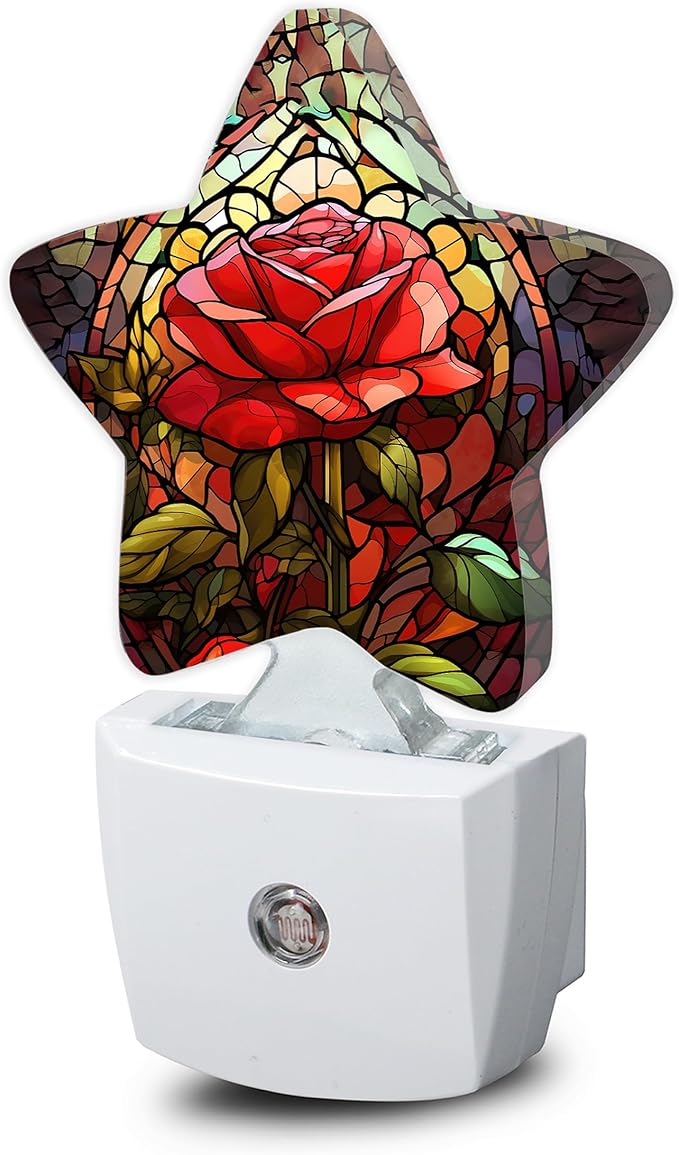 Red Rose Stained Glass Dusk to Dawn Star Night Light,Abstract Smart Sensor Nightlight for Bedroom Kitchen Hallway Stairs,Plug-in Energy Efficient Decor Desk Lamp Women Men Gifts