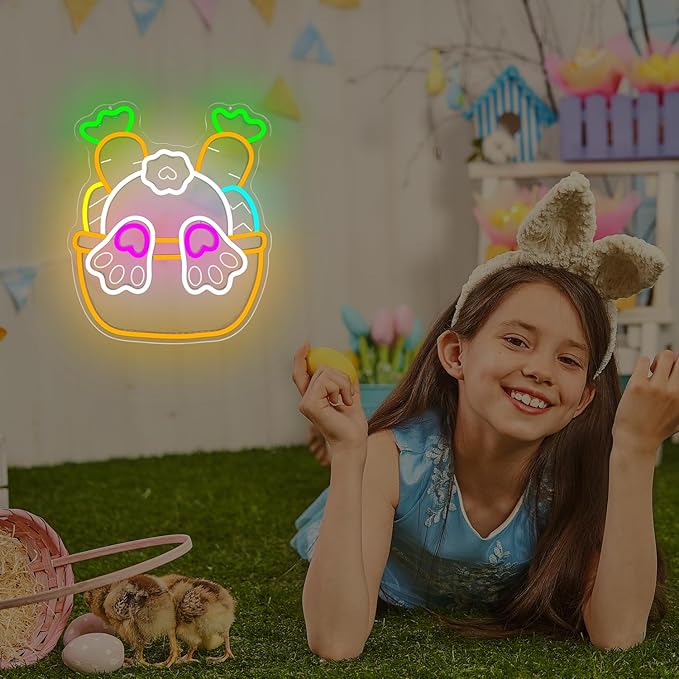 Easter Neon Sign for Wall Decor Easter Bunny Basket Neon Light Egg Led Sign Easter Decorations Dimmable Carrot Rabbit Light Up Signs for Window Party Gifts Bedroom Holiday Spring Bar Home Business