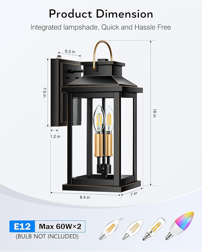 VIANIS Large Porch Lights Outdoor Dusk to Dawn, Black Gold Accents Exterior Lighting Fixtures Wall Mount for House, Modern Outdoor Sconces Wall Lighting for Patio, Waterproof Coach Lights for Garage