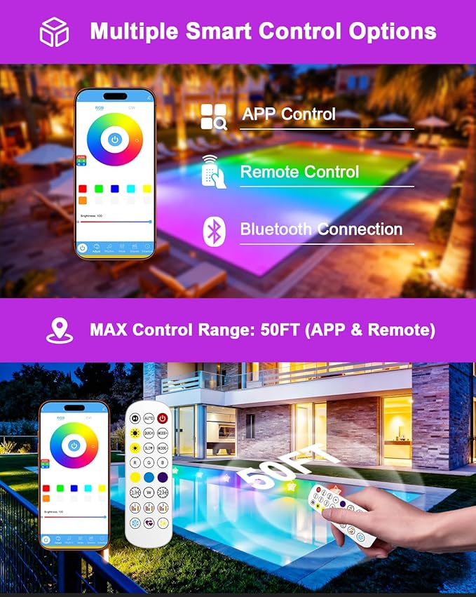 RGB+IC Pool Lights for Inground & Above Ground Pools, Submersible Underwater Pool Lights with App & Remote Control, 16M Colors, Timer, IP68 Waterproof, 25FT Swimming Pool Lighting