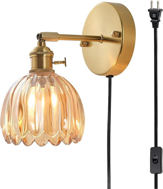 Plug in and Hardwired Wall Sconces, Luxury Vintage Tulip Crystal Glass Shade Wall Light with Switch for Bedside Bedroom Living Room (Tulip-Amber, 1)