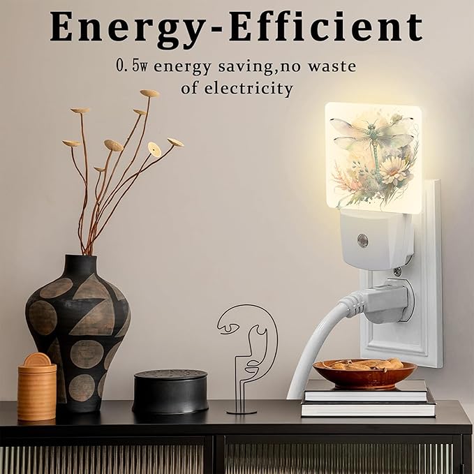 Watercolor Dragonfly Flowers Night Light, Vintage Insect Botanical Floral Leaves Dusk to Dawn Night Light Plug in,0.5w Energy Saving Sleep Friendly NightLight for Kids Boys Girls Home Decor