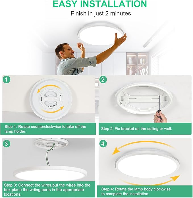 DELIPOP 2 Pack 12 Inch Ceiling Light, 24W Dimmable & 3000K-4500K-6000K 3 Color Selectable Ceiling Light for Indoor/Outdoor, Round Light Fixture for Bathroom, Bedroom, Kitchen, Hallway, Balcony