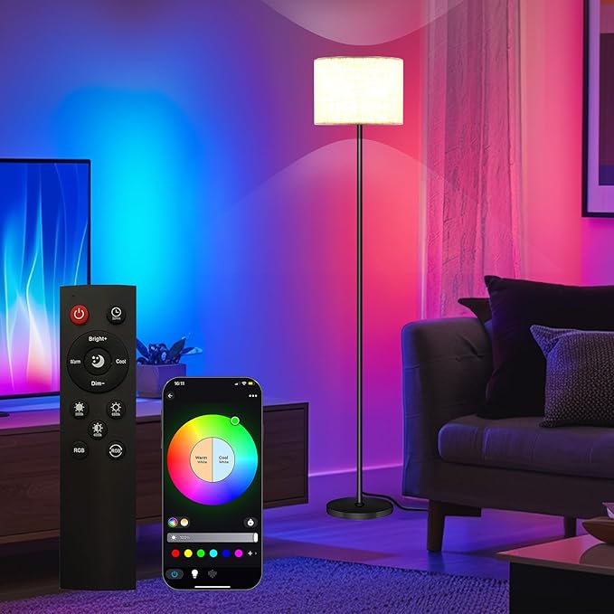 Smart LED Floor Lamp with APP Control & RGB Colors - Dimmable Standing Lamp for Living Room, Bedroom, Gaming - Remote, Timer, 9W Bulb Included, 60.6" Modern Tall Lamp (White)