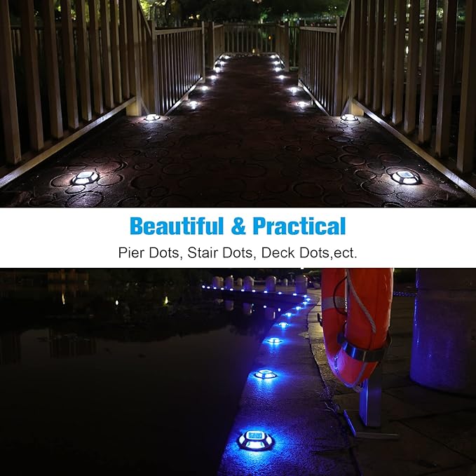 VOLISUN Solar Driveway Lights Dock Marine Lights 20 Pack,2 Colors in 1,Outdoor LED Deck Light,Solar Powered Waterproof Warning Step Light for Driveway Sidewalk Pathway (Blue/White),Saltwater Resistant