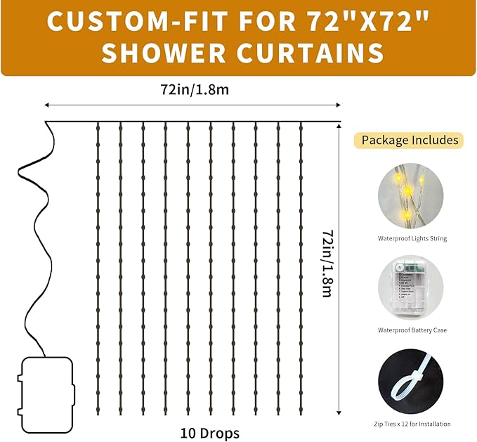 Waterproof LED Shower Curtain Lights - 72 Inch Fairy Lights for Bathroom, 8 Modes Warm White Spa Mood Lighting for Dark Bathrooms and Outdoor Décor (No Curtain)