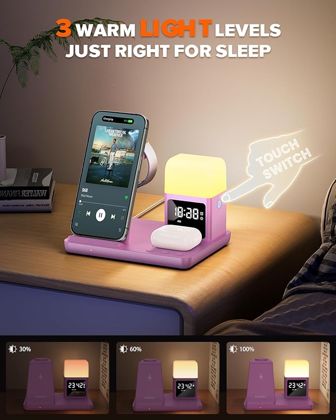 6 in 1 Wireless Charging Station for Apple Charging Station for Multiple Devices with Alarm Clock and Night Light nightstand Charging Station for iPhone 15 14 13 for Apple Watch(Pink)