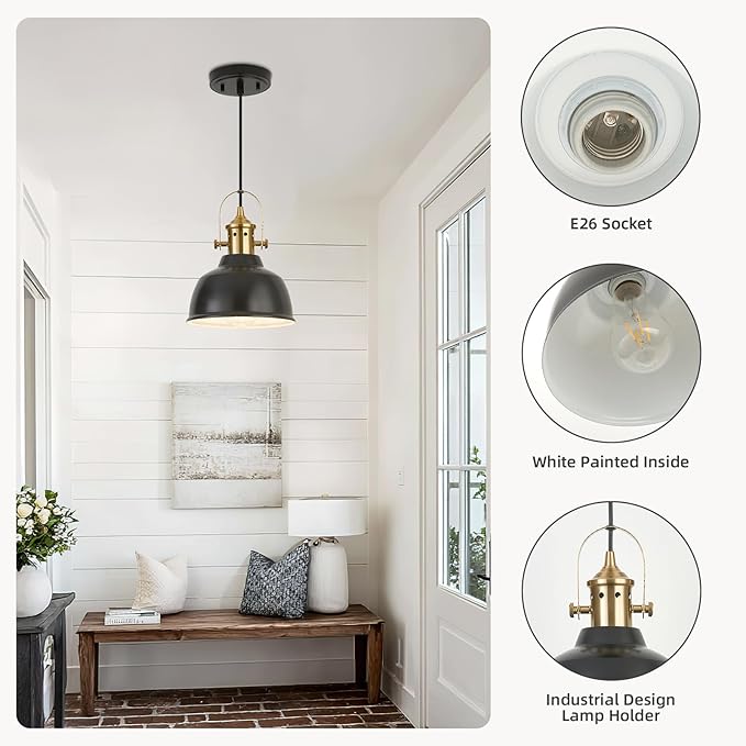 Farmhouse Small Pendant Lights, Black Pendant Lighting for Kitchen Island, lndustrial Adjustable Height Hanging Light for Barn, Dining Room, 3 Pack