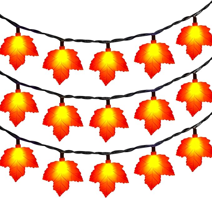 Fall Decorations Lights, 8.5Ft Outdoor Thanksgiving Decorations Lights with 10 LED Orange Maple Leaves Light, Hanging Orange Halloween String Light for Home Garland Autumn Harvest Thanksgiving Decor