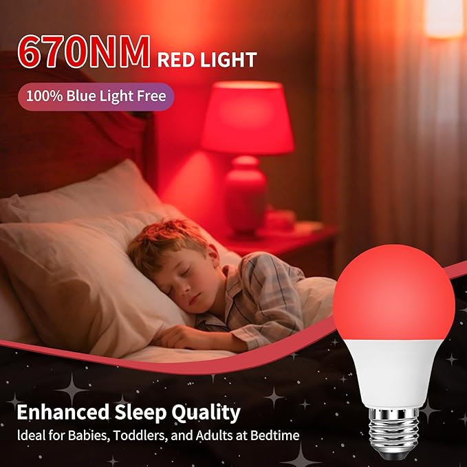 Aogled Red Light Bulbs for Sleep 9W E26,Red Night Light, 670nm LED Light Bulb for Melatonin, A19 60W Equivalent Dim Light Bulbs for Bedroom,Baby Nursery,Natural Sleep