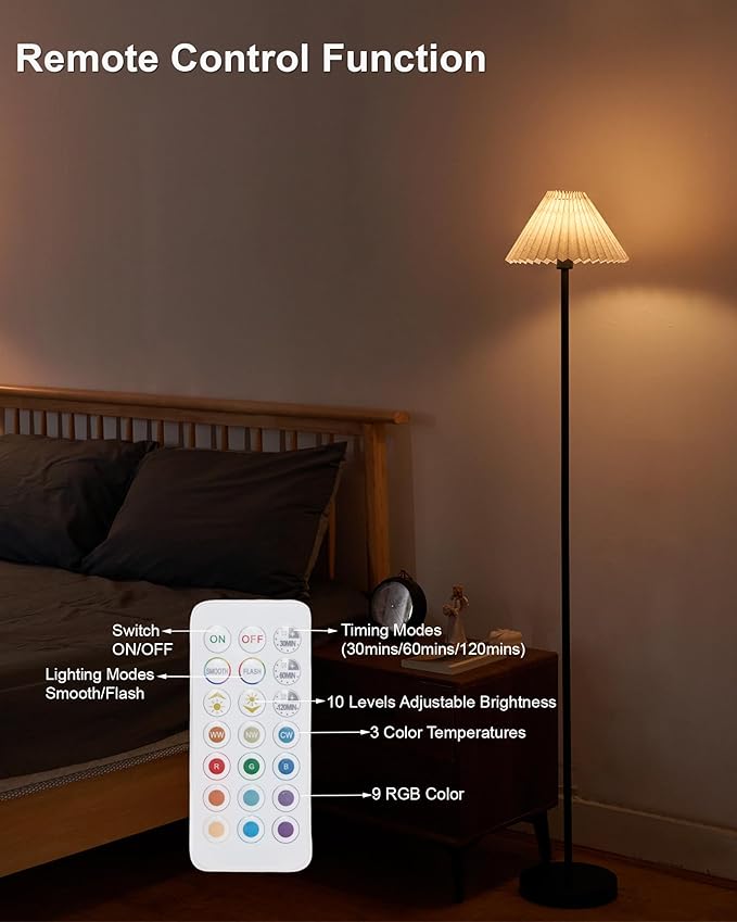 UMEXUS Cordless Floor Lamp for Bedroom, Rechargeable Battery Operated with Remote & Timer, Dimmable RGB, Pleated Standing Light Small Corner Pole Lamps for Living Room Bedside Outdoor Patio Home Decor