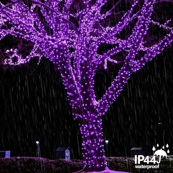 YEGUO 4 Pack Purple Solar Fairy Lights, Each 33ft 100 LED Christmas Lights Outdoor Waterproof, 8 Modes Sliver Wire Solar String Lights