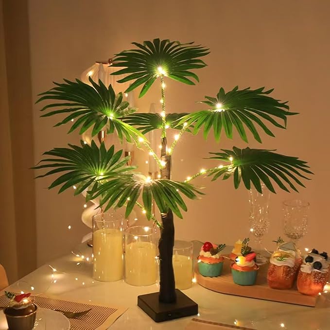 LED Artificial Palm Tree Lights Decorative Table Lamps 3xAA Battery or USB Powered for Summer Party Poolside Indoor Home Fireplace Bedroom Office Decor(23.6Inch/60CM)