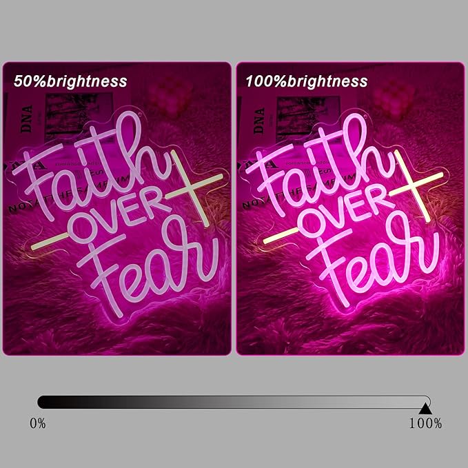Faith Over Fear Neon Sign for Wall Decor Jesus Neon Light Warm White Cross Neon Light Sign Letter LED Neon Light for Christian Religious Motivation Bedroom Wedding Church Decor
