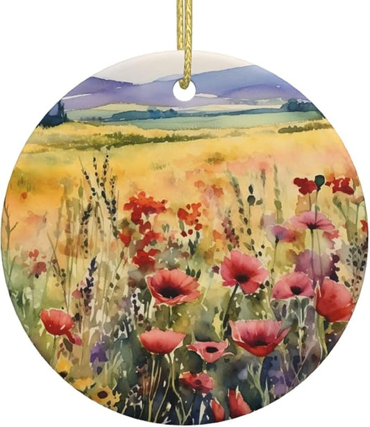 Watercolor Poppy Flowers Field Christmas Ornaments, Christmas Decorations Xmas Tree Hanging Ornaments, Round Ceramic Festive Keepsake Gift for Christmas Decorations Holiday Home Party Decors