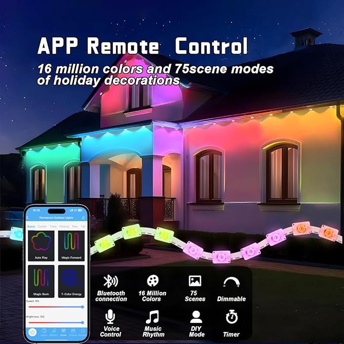 Permanent Outdoor Lights, Smart RGB+IC House Outdoor Decor Lights, 75 Scene Modes with APP&Remote Control, IP67 Waterproof for Halloween, Christmas, Holiday Decor House Roof Lighting