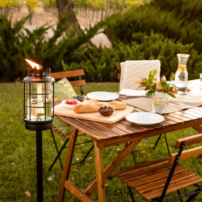 TIKI Outdoor Glass Lantern Torch – Weather-Resistant Decorative Torch for Patio, Garden & Backyard with 4-Piece Adjustable Height Pole, Fiberglass Wick & Snuffer, Black