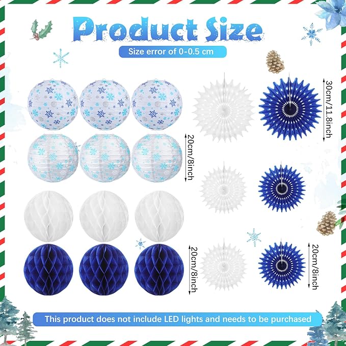 Retisee 18 Pcs Winter Party Decorations Snowflake Paper Lanterns Blue Sliver Hanging Paper Fans Hanging Honeycomb Ball for Wonderland Party Holiday Winter Decor Supplies