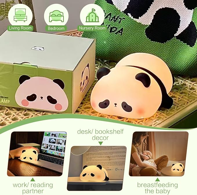 Panda Cute Night Light, Squishy Panda Kids Lamp, Rechargeable Dimmable Animal Light Decor, Pandas Gifts, College White Elephant Gift, LED Touch Nightlight for Baby Boy Girl, Safe Silicone