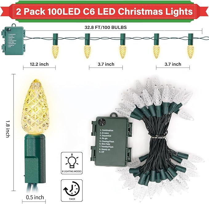 2 Pack 100LED C6 Christmas Lights Battery Operated, 16.4FT C6 Christmas Lights Battery Powered with Timer, 8 Modes, Waterproof for Outdoor Garden Patio Indoor Xmas Tree Bedroom Party Warm White
