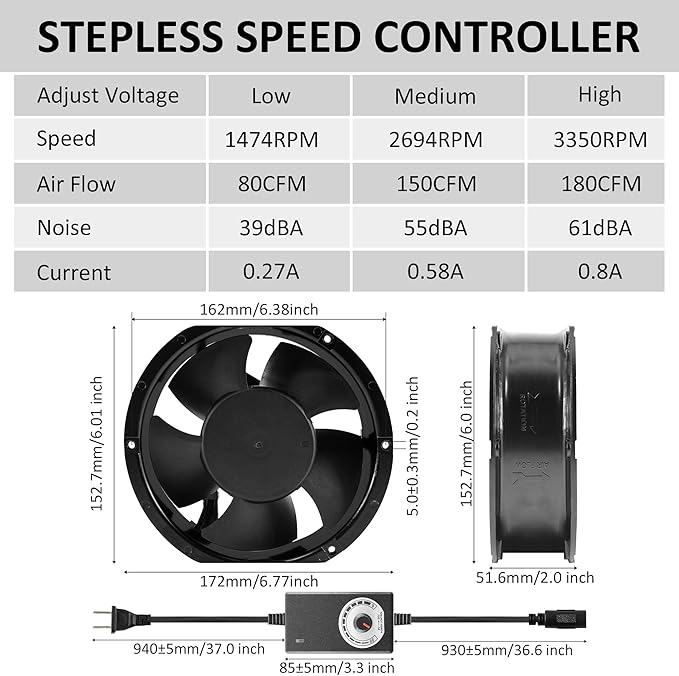 172mm DC 17251 Axial Ventilation Fan (3500RPM) - High-Speed Dual Ball Bearing Ventilator with Adjustable Speed for Arcade Systems, Server, Generator Box and DIY Exhaust Projects