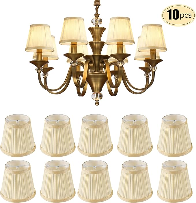 Set of 10 Small Lamp Shade Chandelier Pleated Empire Clip-on Fitter Lampshade 4.9"X3.34"X4.33"for Table Chandeliers Candle Wall Light Replacement(Beige)