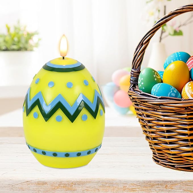 Eldnacele Easter Flameless Candles with 6H Timer, Battery Operated Egg Shaped 3D Wick Flickering Candle Real Wax Yellow LED Candles for Easter Party Spring Dinner Decor(2.4"×6.3")