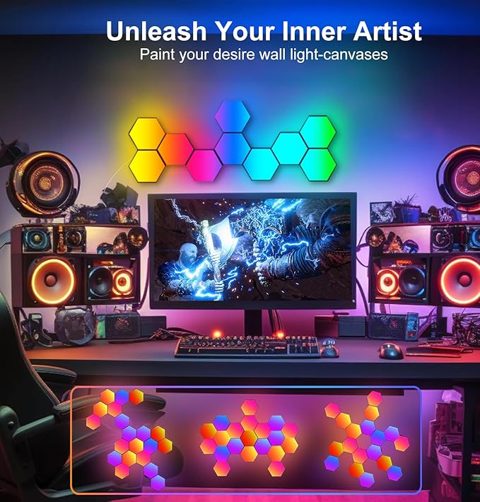 Hexagon LED Lights for Gaming Setup, Smart Home Gaming Lights Room Decor Work with Alexa Google Assistant, 14 DIY LED Panels for Wall Voice App Control Music Sync for TV Bedroom Aesthetic Decor Gift