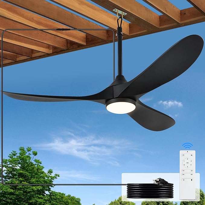 52 inch Outdoor Ceiling Fan with Light Waterproof - Plug in Hanging Hook for Patio, Porch, Gazebo - Wet Rated Weatherproof Exterior Black 3 Blades Ceiling Fan with Remote
