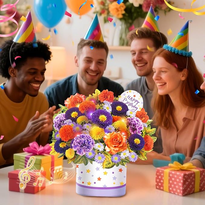 Birthday Cards, Happy Birthday Cards with Music & Lights, Daisy and Yellow Rose, 10 Inch Life Sized Forever Flower Bouquet Greeting Card Gifts for Wife Women Mom Grandma Sister