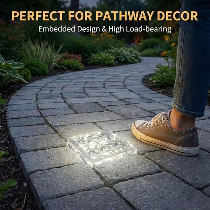 Solar Brick Lights Outdoor Waterproof - Recessed Solar Paver Lights, Ice Brick Design, No Wiring Needed,Landscape Lighting for Pathway,Garden, Patio, Yard, Driveway Decor (8, White, Square)