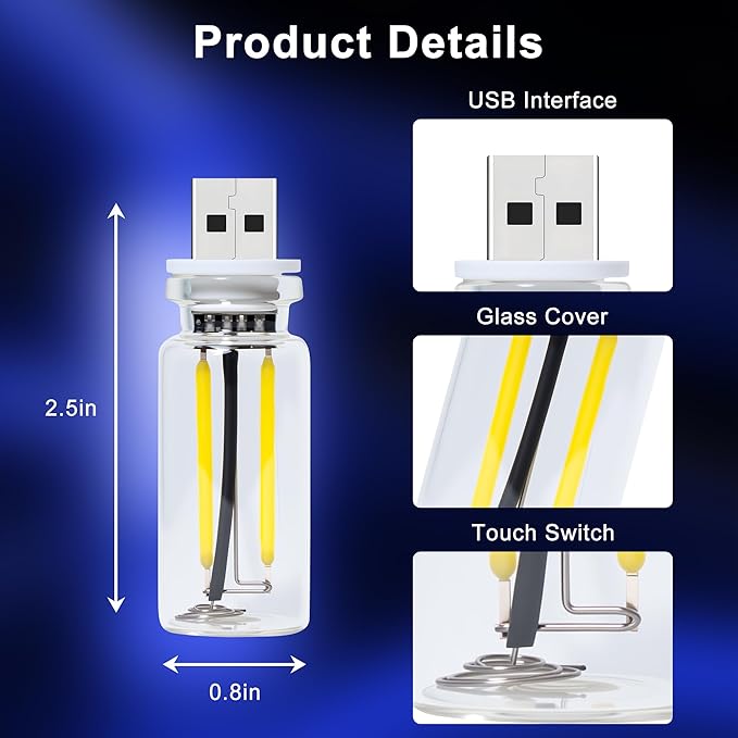 Car USB Night Light Touch Dimmable - 2-Pack Retro LED Filament Lamp for Truck Interior, Bedroom & Camping | Glass Bottle Ambiance Lighting (Blue)