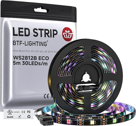 BTF-LIGHTING WS2812B ECO RGB LED Strip,UL Listed,Individually Addressable,16.4FT 30LED/m 150Pixel DC5V 5050SMD,Alloy Wire Flexible 3M Tape for DIY Chasing Color Project IP65(No Adapter or Controller)