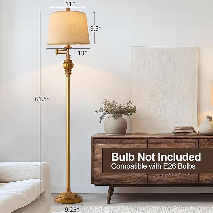 61" Vintage Floor Lamp | 350° Adjustable Swing Arm | Gold Standing Lamp | Mid Century Retro for Bedroom & Living Room