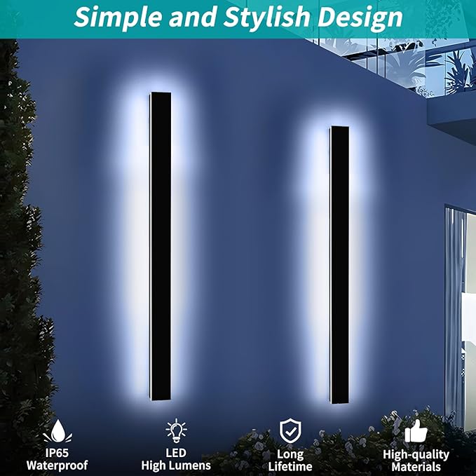 Mikeru 57" 2Pack Outdoor Wall Sconce 6000K Cool White - IP65 Waterproof Black Exterior Light, Hardwired Wall Mounted Fixture for Porch, Patio & Entryway | Non-Dimmable Weatherproof Design