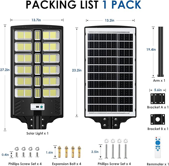 9000W Solar Street Lights Outdoor, Solar Powered LED Light Dusk to Dawn, Long-Lasting, Wide Angle, Motion Sensor & Remote Control, IP67 Waterproof, for Yard, Parking, Outside, 1 Pack